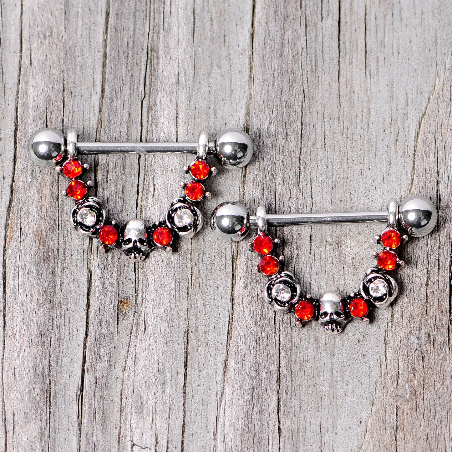14G 5/8 Red Clear Gem Halloween Skull Rose Dangle Nipple Ring Set