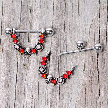 14G 5/8 Red Clear Gem Halloween Skull Rose Dangle Nipple Ring Set