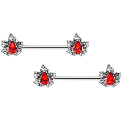 14G 5/8 Red Gem Holly Leaf Holiday Barbell Nipple Ring Set