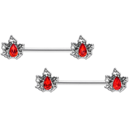14G 5/8 Red Gem Holly Leaf Holiday Barbell Nipple Ring Set