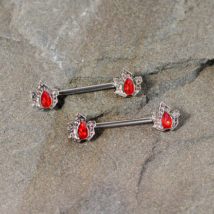 14G 5/8 Red Gem Holly Leaf Holiday Barbell Nipple Ring Set