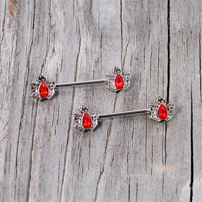 14G 5/8 Red Gem Holly Leaf Holiday Barbell Nipple Ring Set