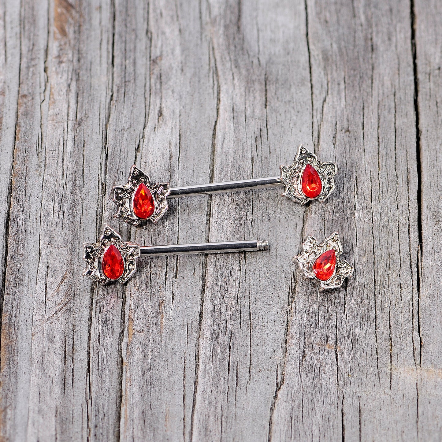 14G 5/8 Red Gem Holly Leaf Holiday Barbell Nipple Ring Set