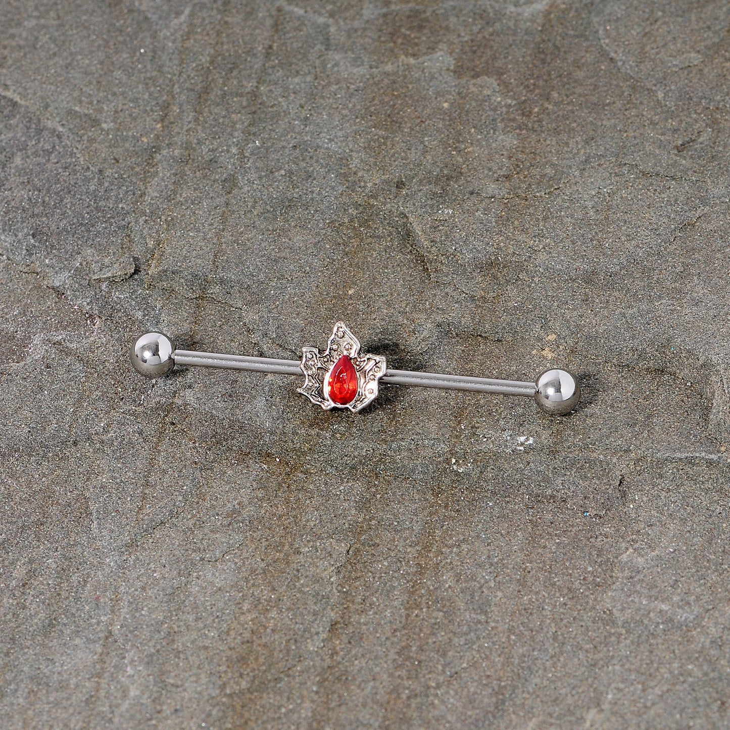 14G Red Gem Holiday Holly Leaf Christmas Industrial Barbell 38mm