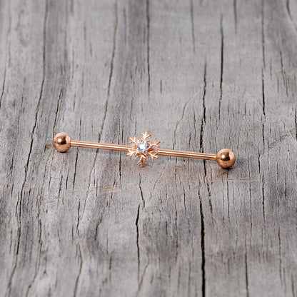 14G Clear Gem Rose Gold Tone Snowflake Industrial Barbell 38mm
