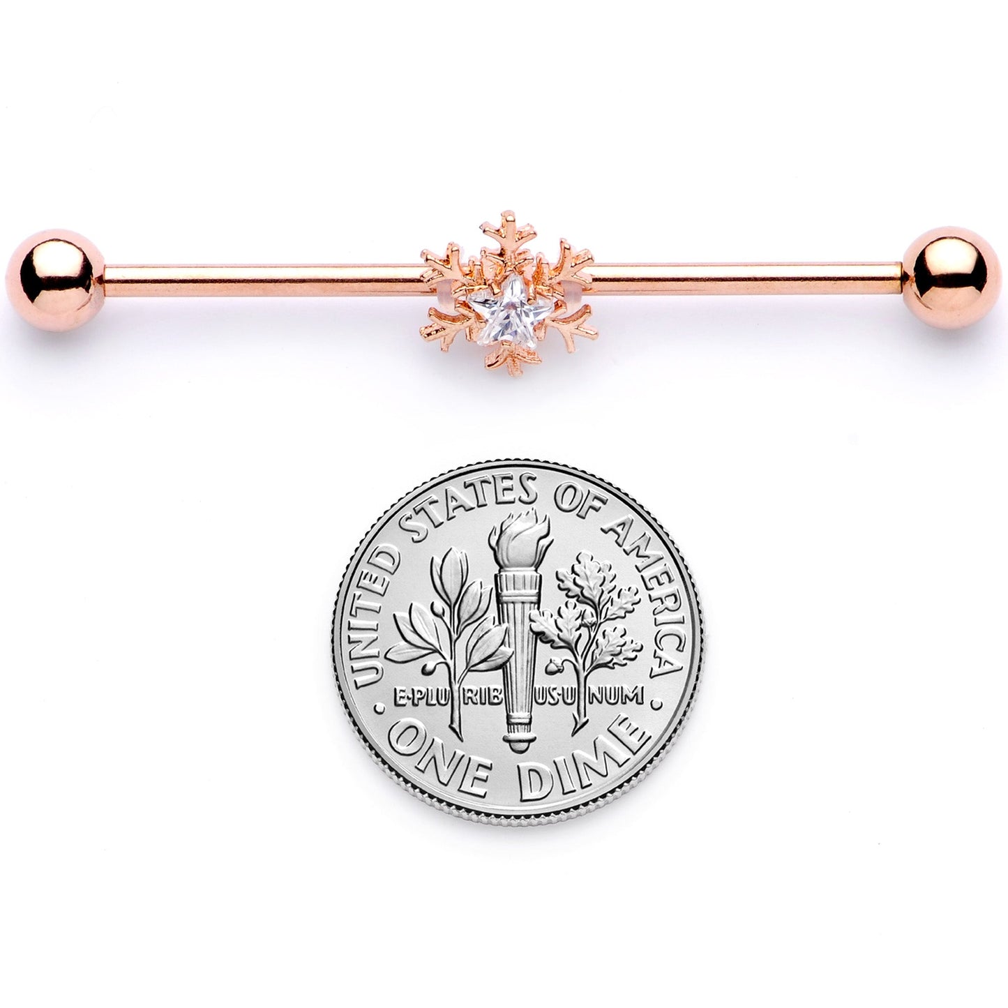 14G Clear Gem Rose Gold Tone Snowflake Industrial Barbell 38mm