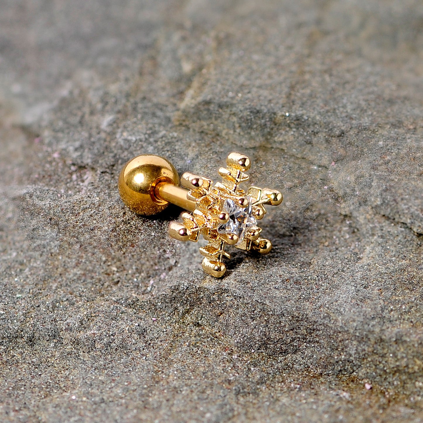 16G 1/4 Clear Gem Gold Tone Winter Snowflake Cartilage Tragus