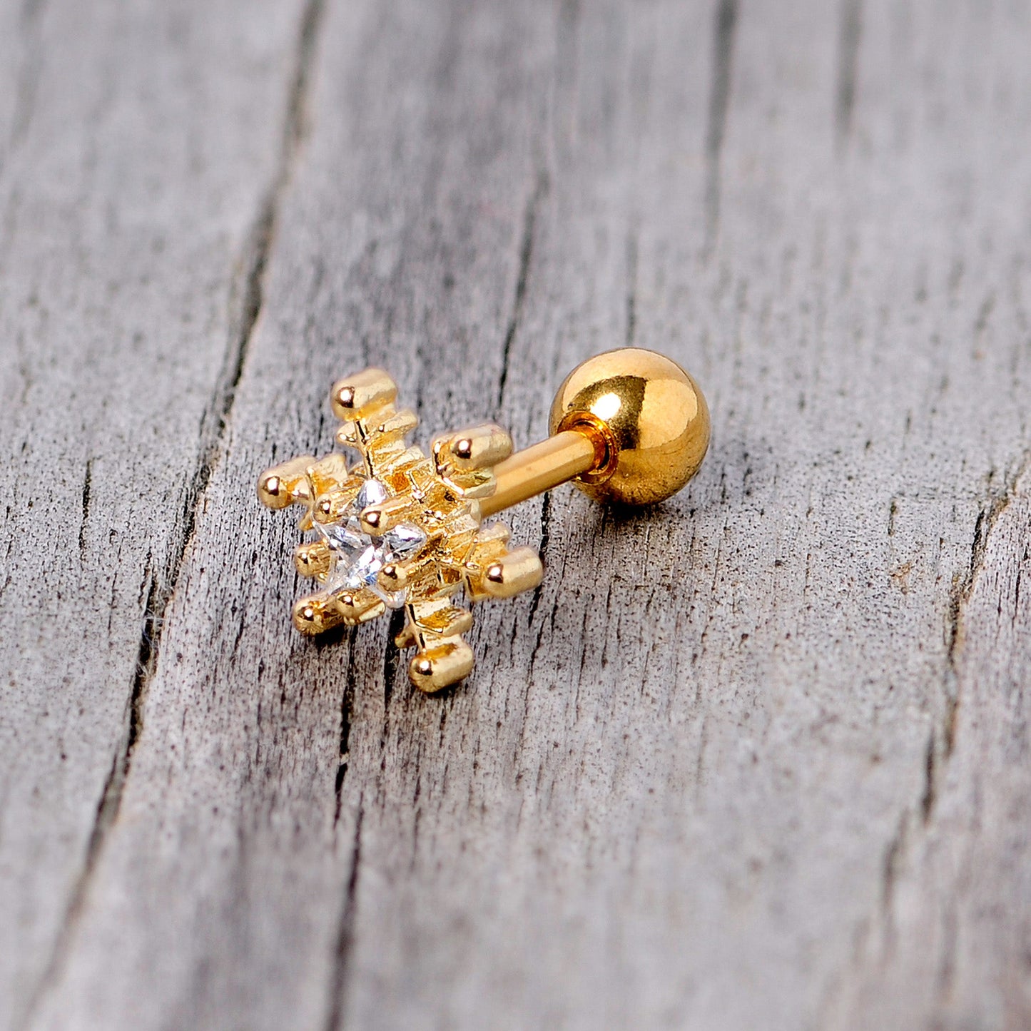 16G 1/4 Clear Gem Gold Tone Winter Snowflake Cartilage Tragus