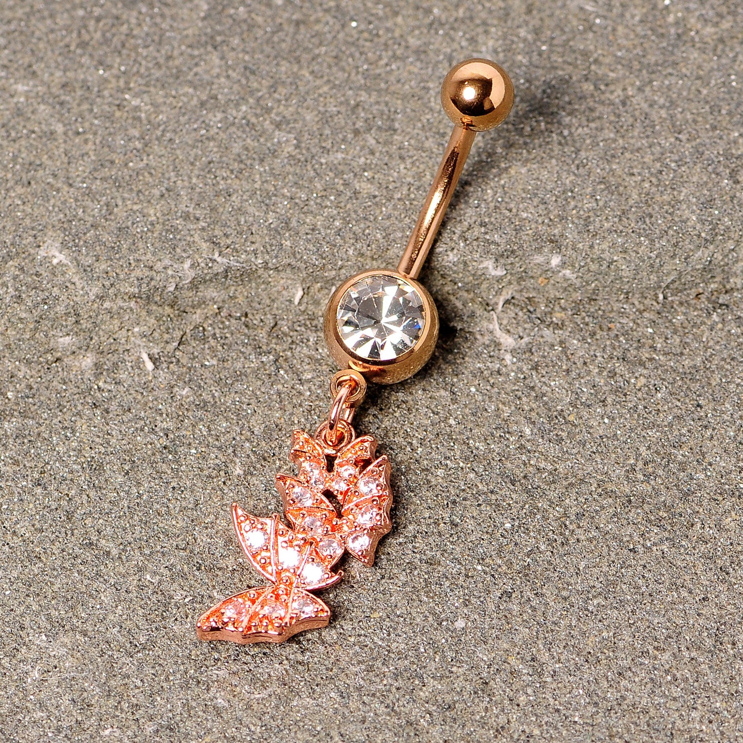 Clear CZ Gem Rose Gold Tone Trio Butterfly Dangle Belly Ring