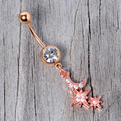 Clear CZ Gem Rose Gold Tone Moon Stars Dangle Belly Ring