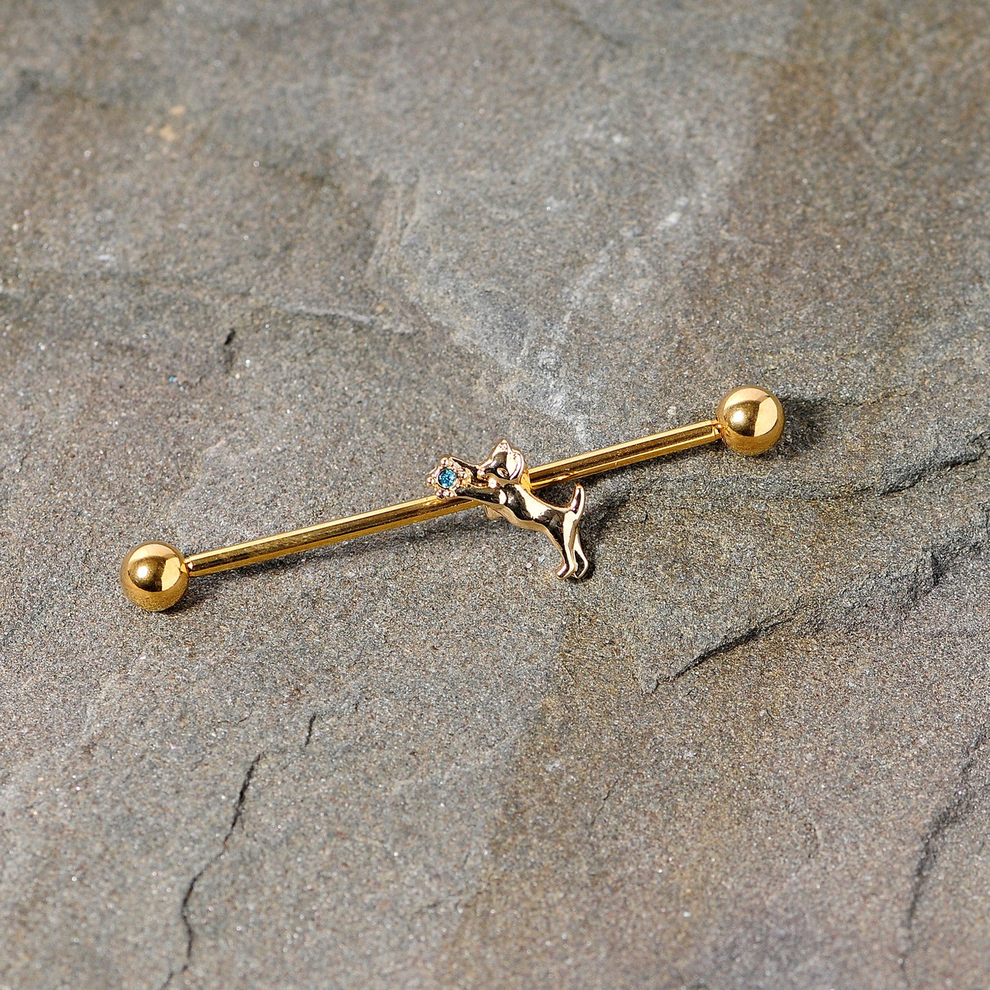14G Blue Gem Gold Tone Leaping Cat Industrial Barbell 38mm
