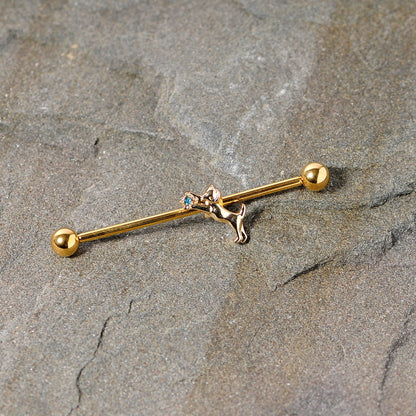 14G Blue Gem Gold Tone Leaping Cat Industrial Barbell 38mm