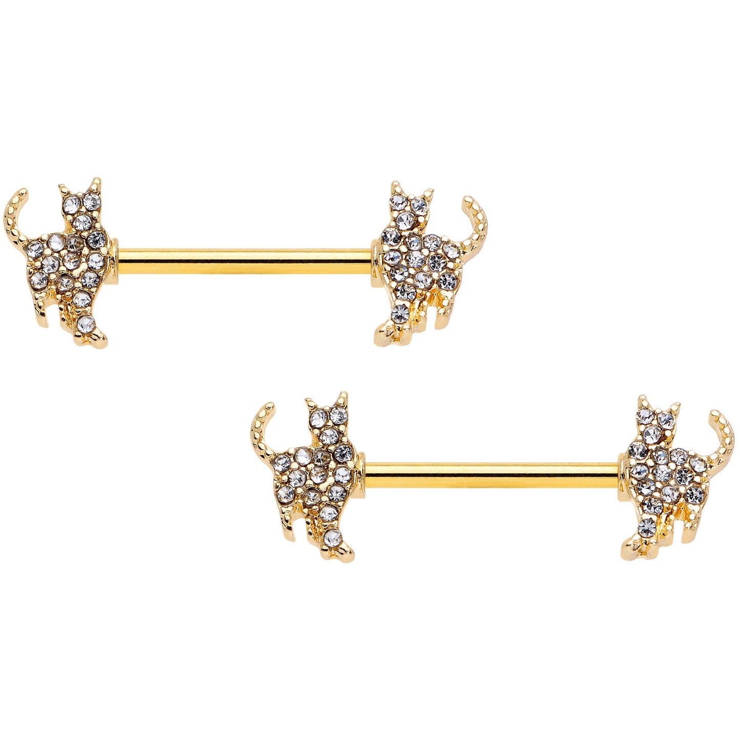 14G 9/16 Clear Gem Gold Tone Glamour Cat Barbell Nipple Ring Set