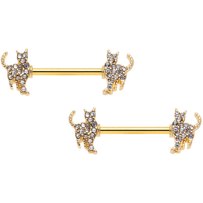 14G 9/16 Clear Gem Gold Tone Glamour Cat Barbell Nipple Ring Set
