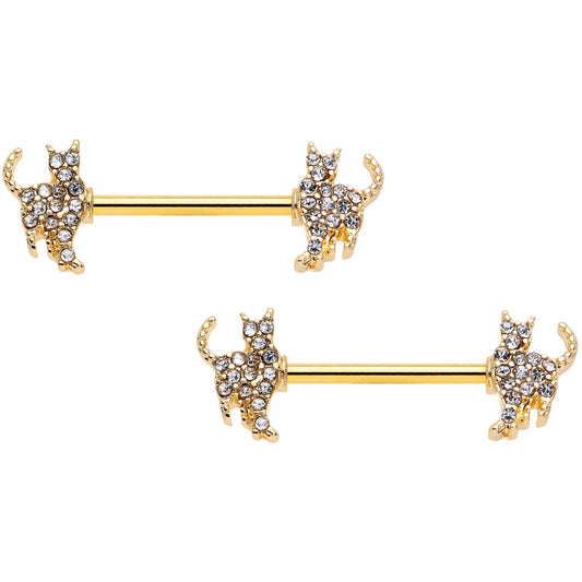 14G 9/16 Clear Gem Gold Tone Glamour Cat Barbell Nipple Ring Set