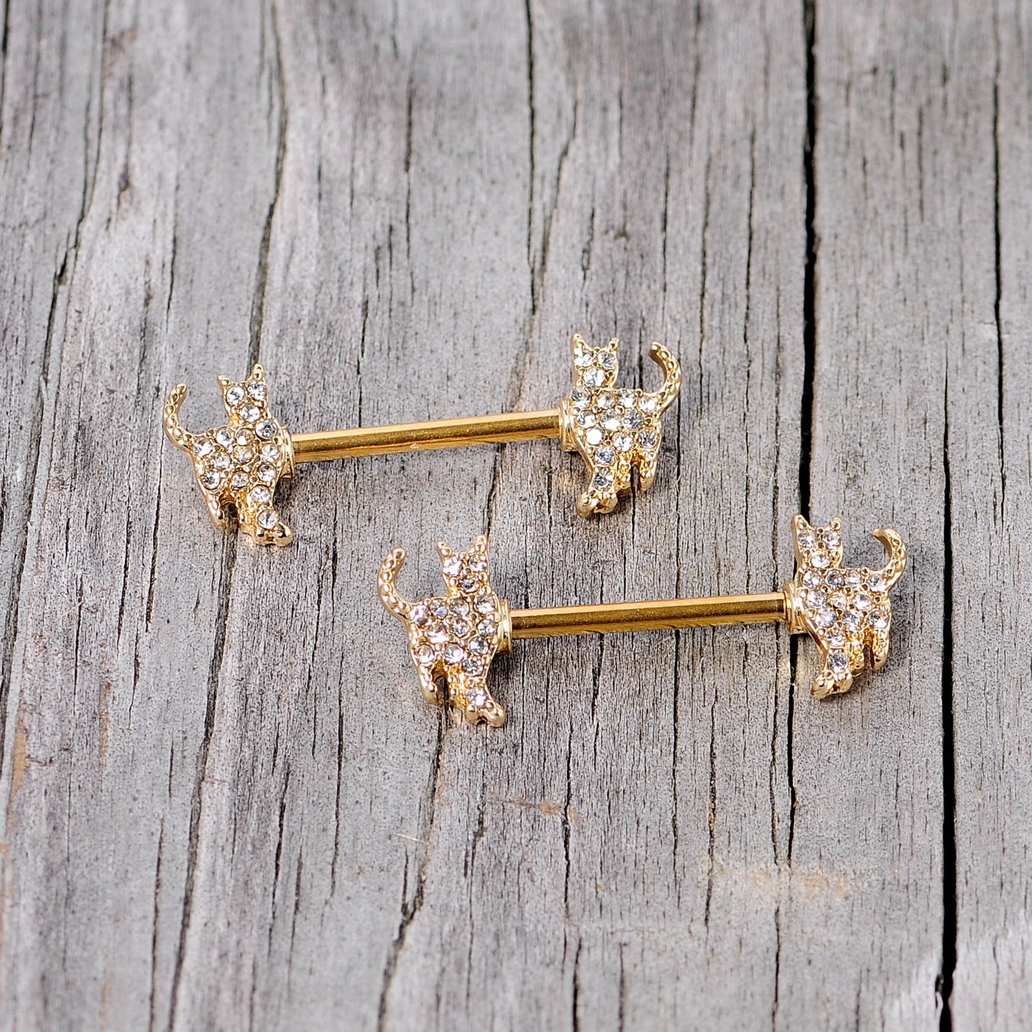 14G 9/16 Clear Gem Gold Tone Glamour Cat Barbell Nipple Ring Set