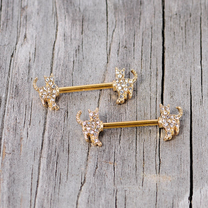 14G 9/16 Clear Gem Gold Tone Glamour Cat Barbell Nipple Ring Set