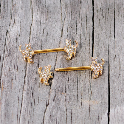 14G 9/16 Clear Gem Gold Tone Glamour Cat Barbell Nipple Ring Set