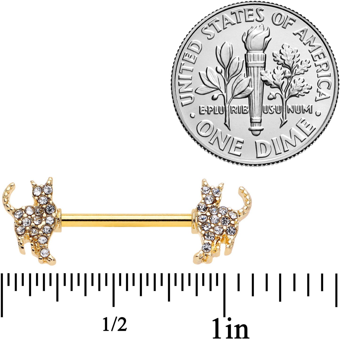 14G 9/16 Clear Gem Gold Tone Glamour Cat Barbell Nipple Ring Set