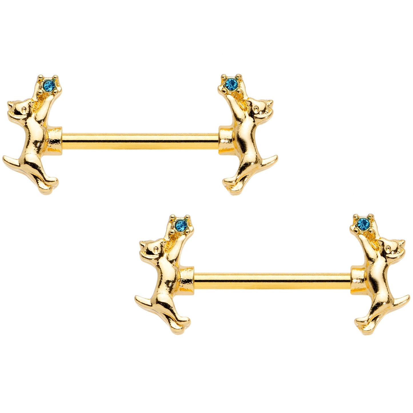 14G 9/16 Blue Gem Gold Tone Leaping Cat Barbell Nipple Ring Set