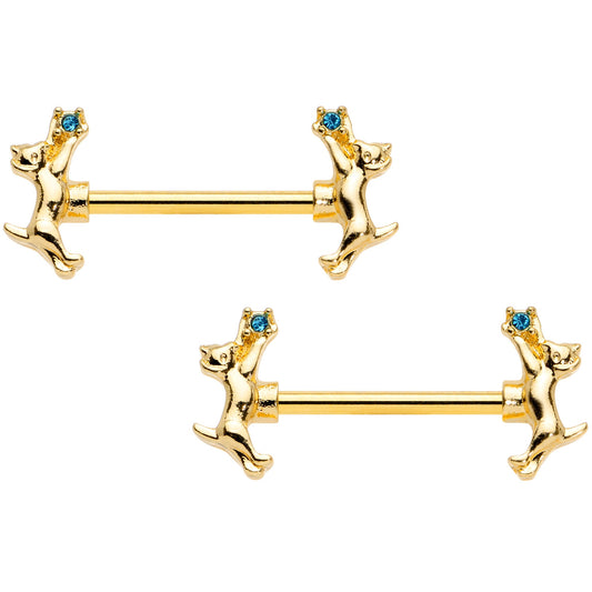 14G 9/16 Blue Gem Gold Tone Leaping Cat Barbell Nipple Ring Set