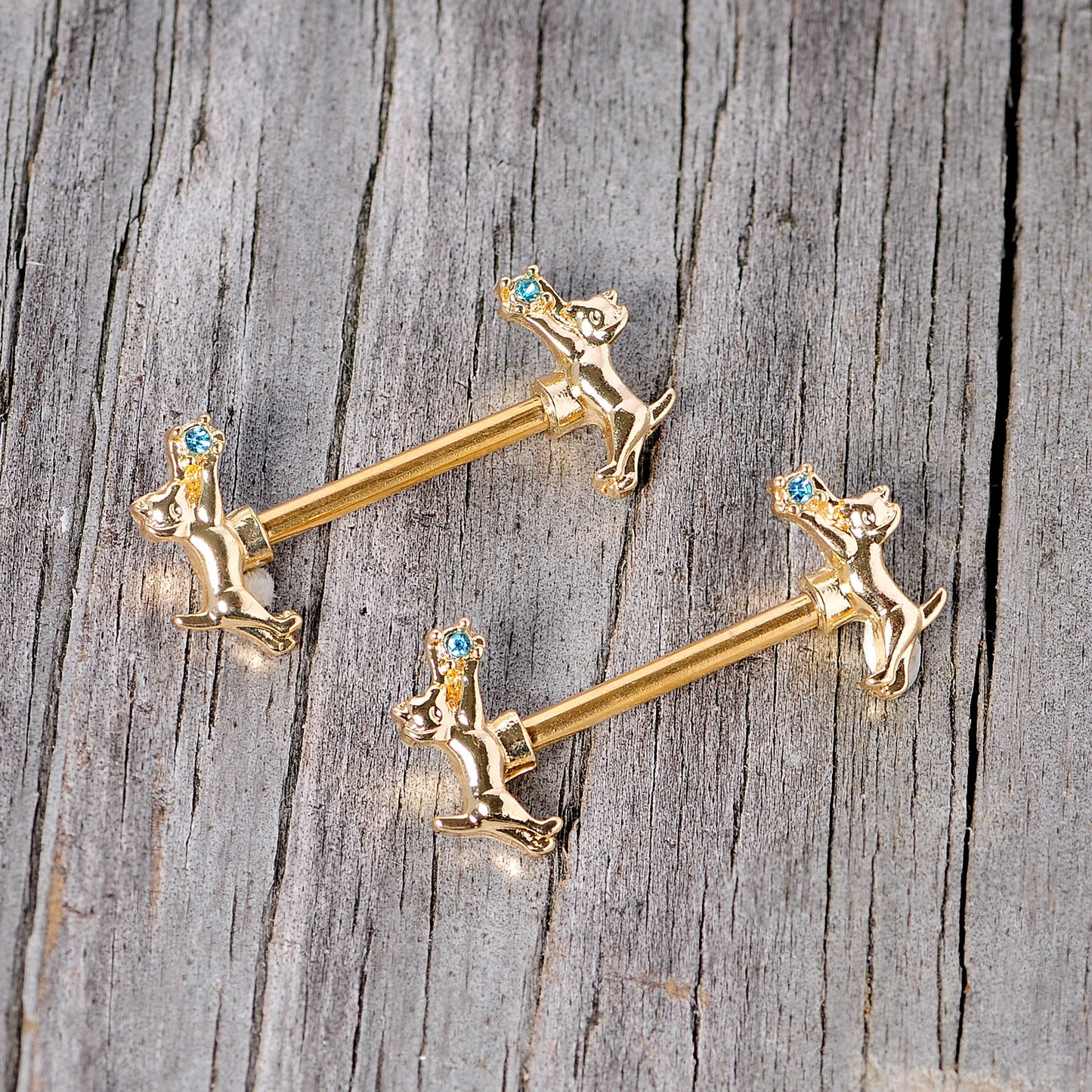 14G 9/16 Blue Gem Gold Tone Leaping Cat Barbell Nipple Ring Set