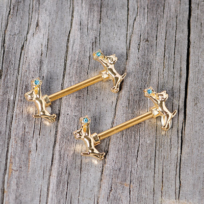 14G 9/16 Blue Gem Gold Tone Leaping Cat Barbell Nipple Ring Set