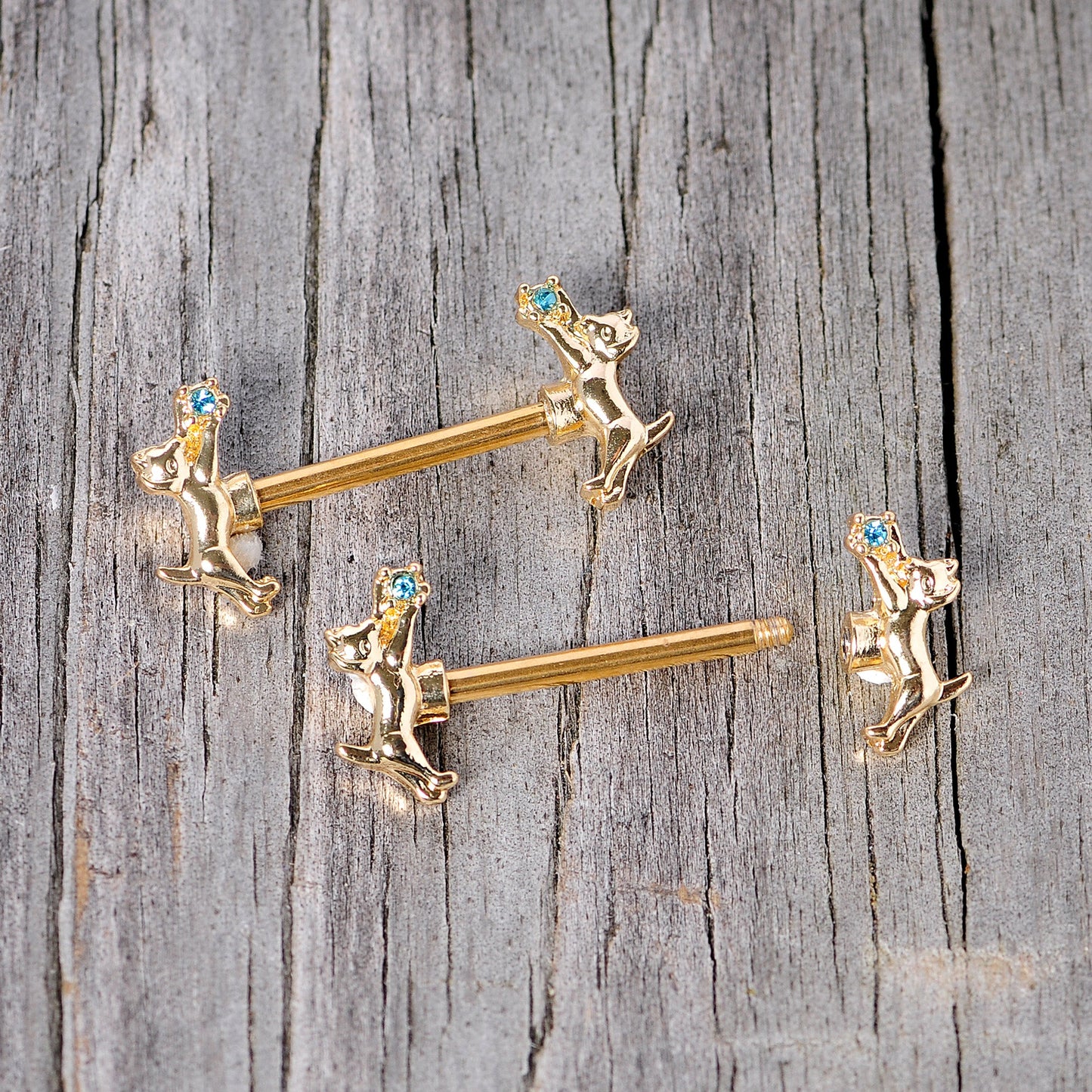 14G 9/16 Blue Gem Gold Tone Leaping Cat Barbell Nipple Ring Set