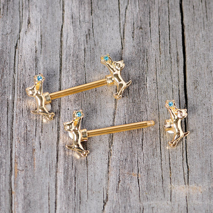 14G 9/16 Blue Gem Gold Tone Leaping Cat Barbell Nipple Ring Set