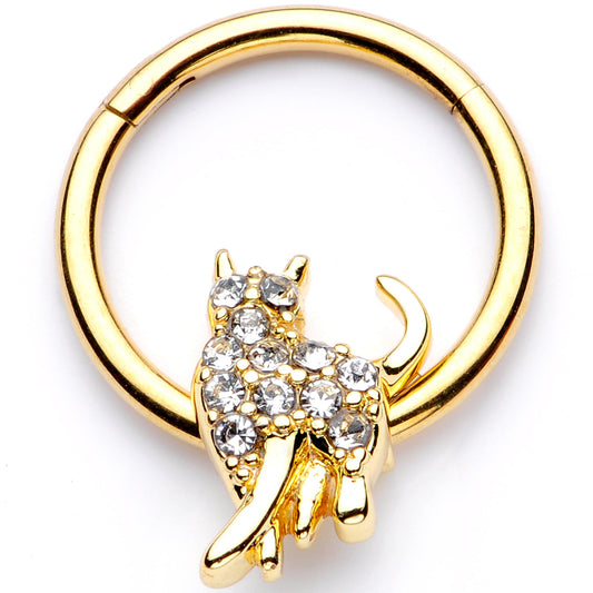 16G 3/8 Clear Gem Gold Tone Glamourpuss Cat Hinged Segment Ring
