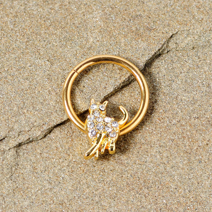 16G 3/8 Clear Gem Gold Tone Glamourpuss Cat Hinged Segment Ring