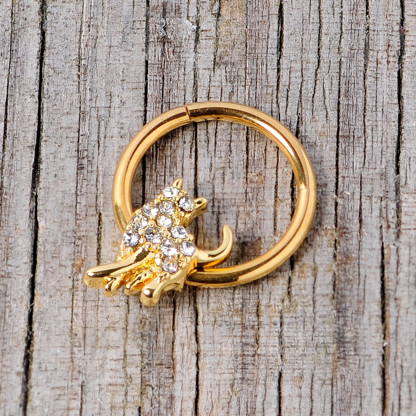 16G 3/8 Clear Gem Gold Tone Glamourpuss Cat Hinged Segment Ring