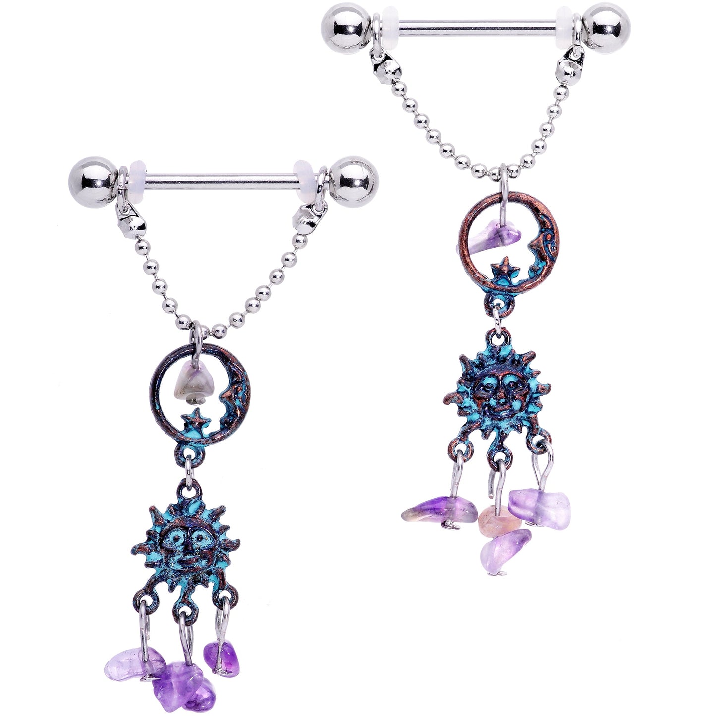 14G 5/8 Purple Gem Solstice Sun Moon Dangle Nipple Ring Set