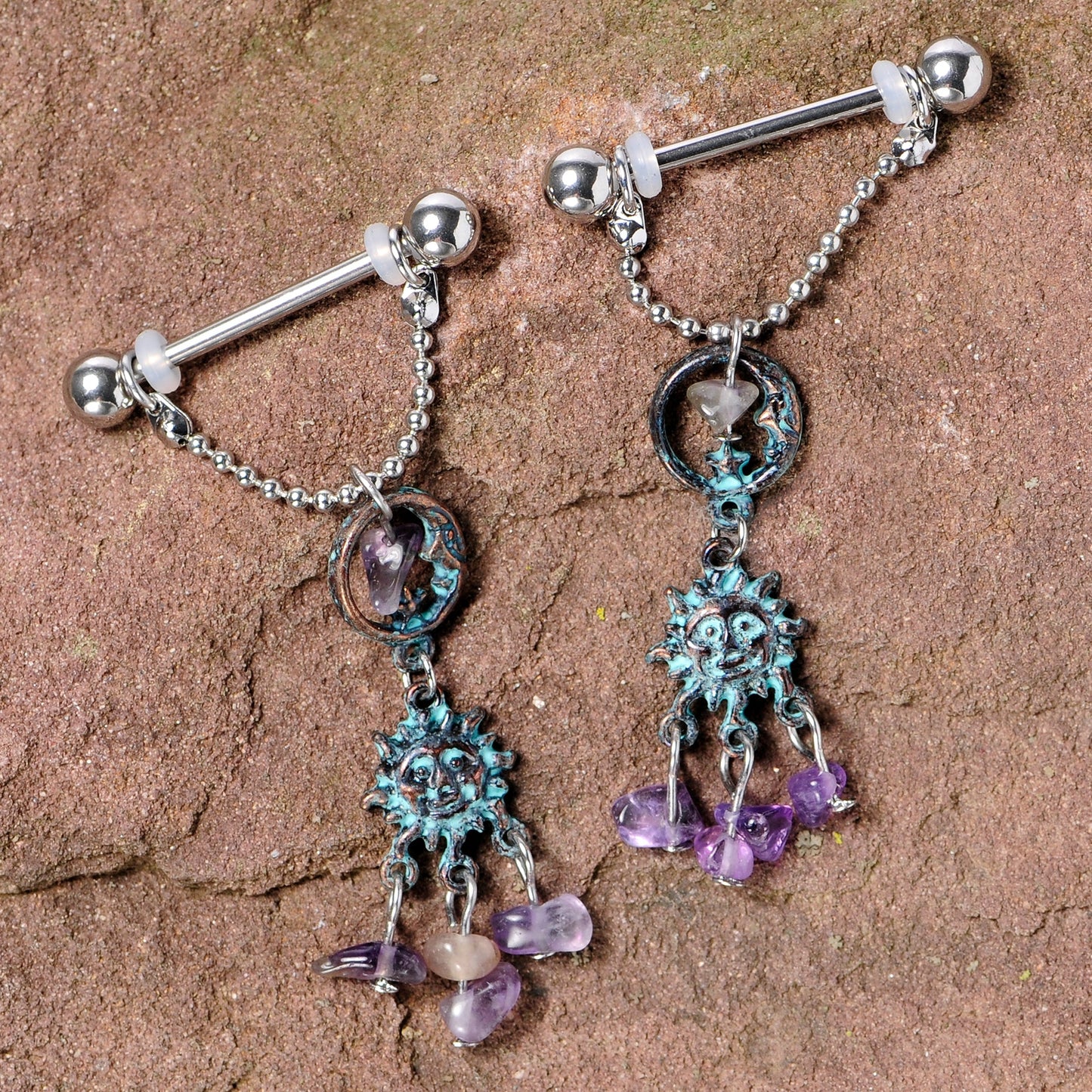 14G 5/8 Purple Gem Solstice Sun Moon Dangle Nipple Ring Set