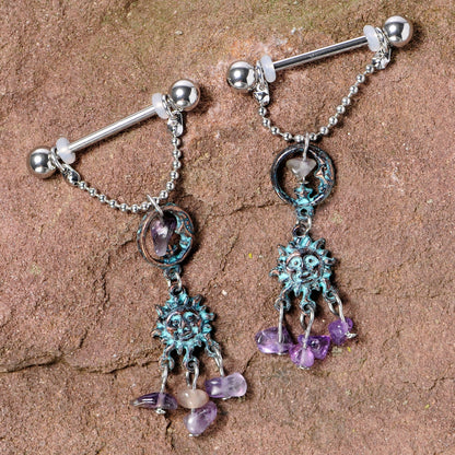 14G 5/8 Purple Gem Solstice Sun Moon Dangle Nipple Ring Set
