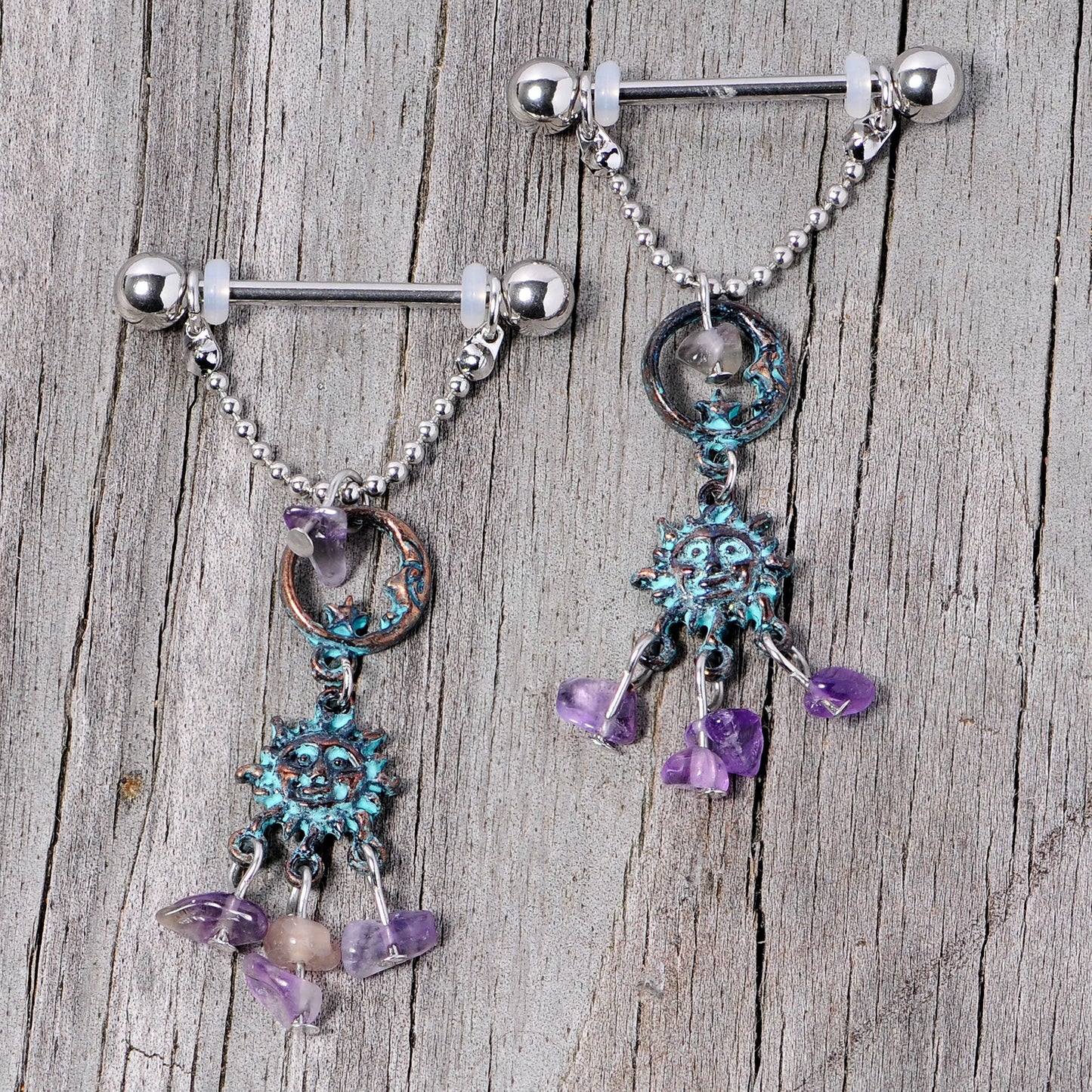 14G 5/8 Purple Gem Solstice Sun Moon Dangle Nipple Ring Set