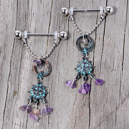 14G 5/8 Purple Gem Solstice Sun Moon Dangle Nipple Ring Set