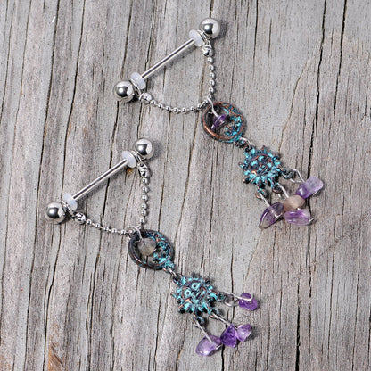 14G 5/8 Purple Gem Solstice Sun Moon Dangle Nipple Ring Set