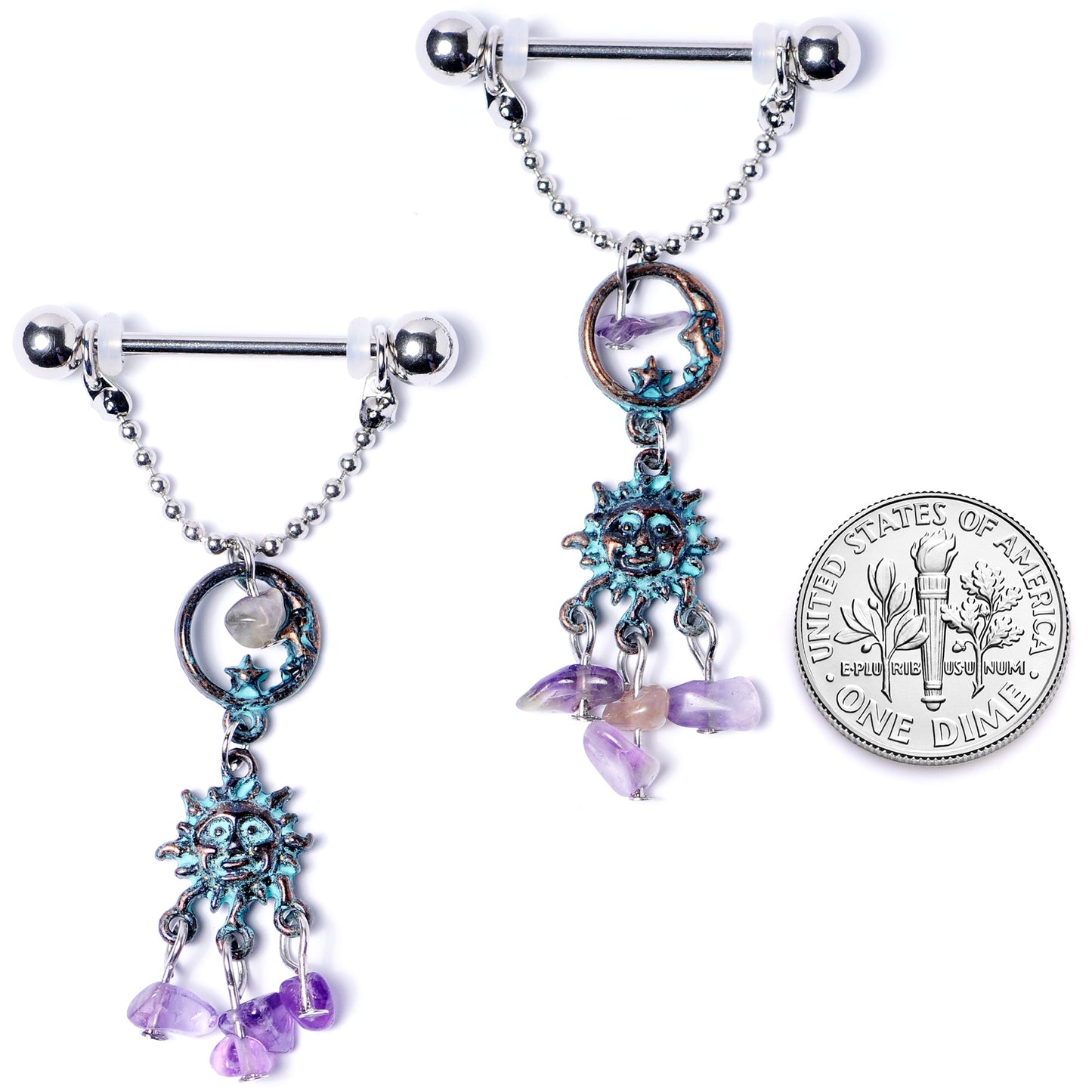 14G 5/8 Purple Gem Solstice Sun Moon Dangle Nipple Ring Set