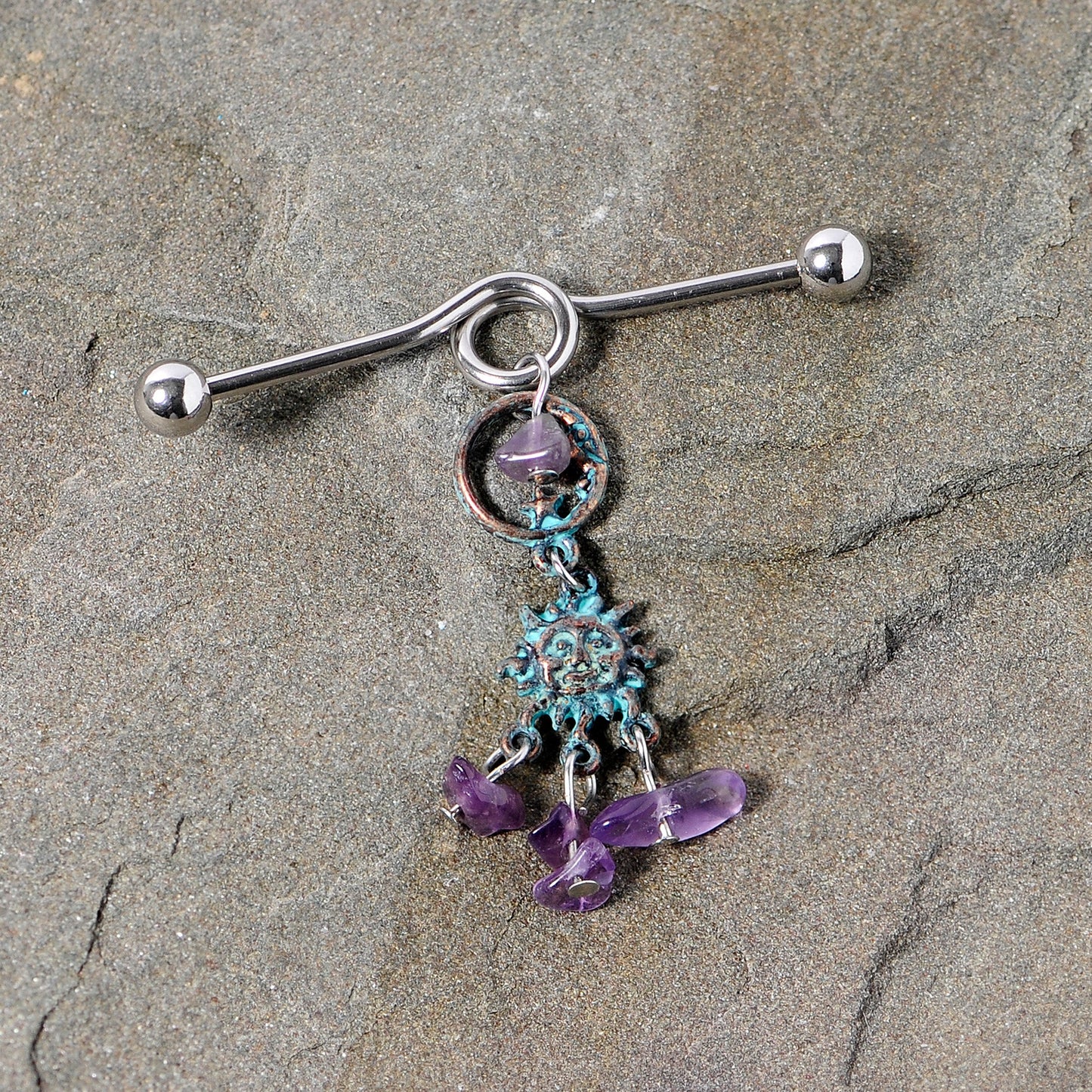 14G Purple Gem Solstice Sun Moon Dangle Halloween Industrial Barbell 38mm
