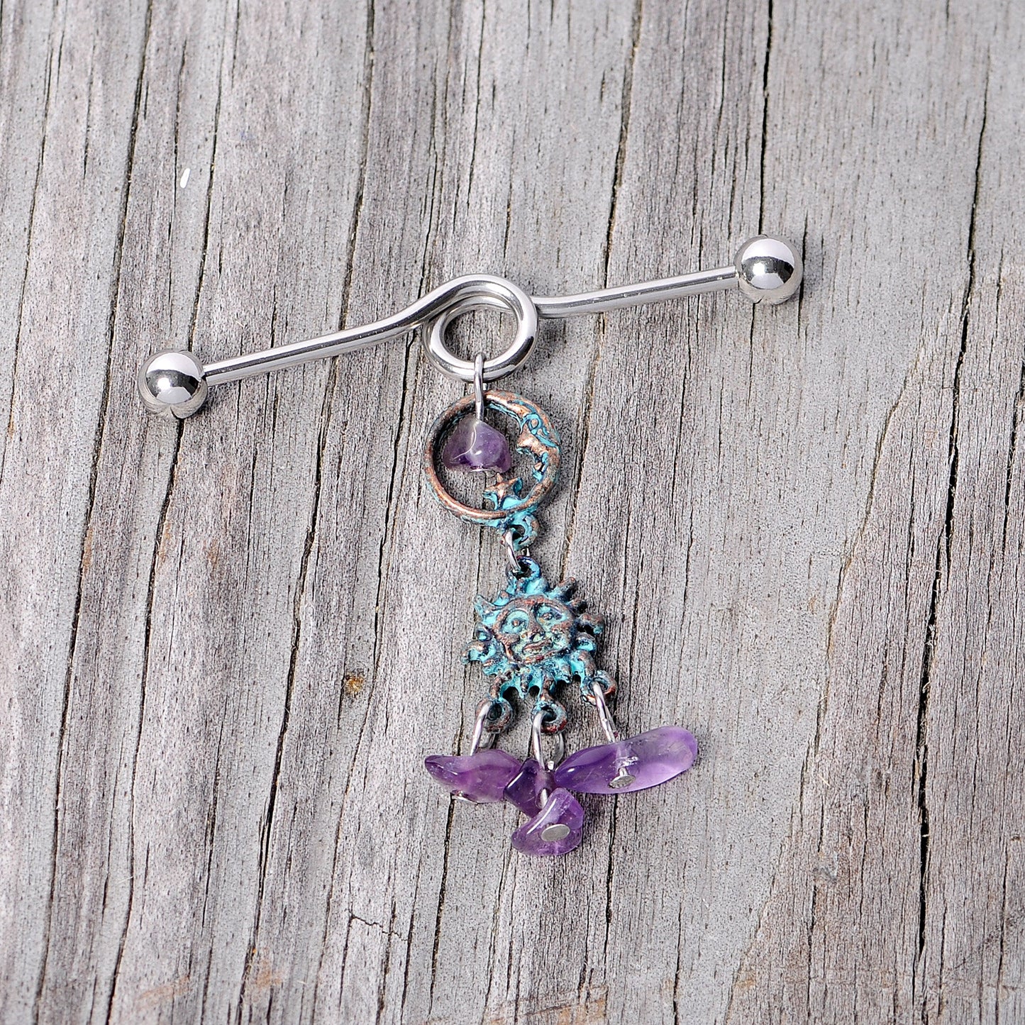 14G Purple Gem Solstice Sun Moon Dangle Halloween Industrial Barbell 38mm