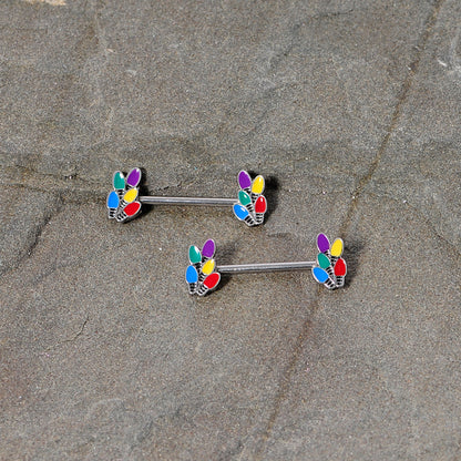 14G 5/8 Christmas Lights Holiday Barbell Nipple Ring Set