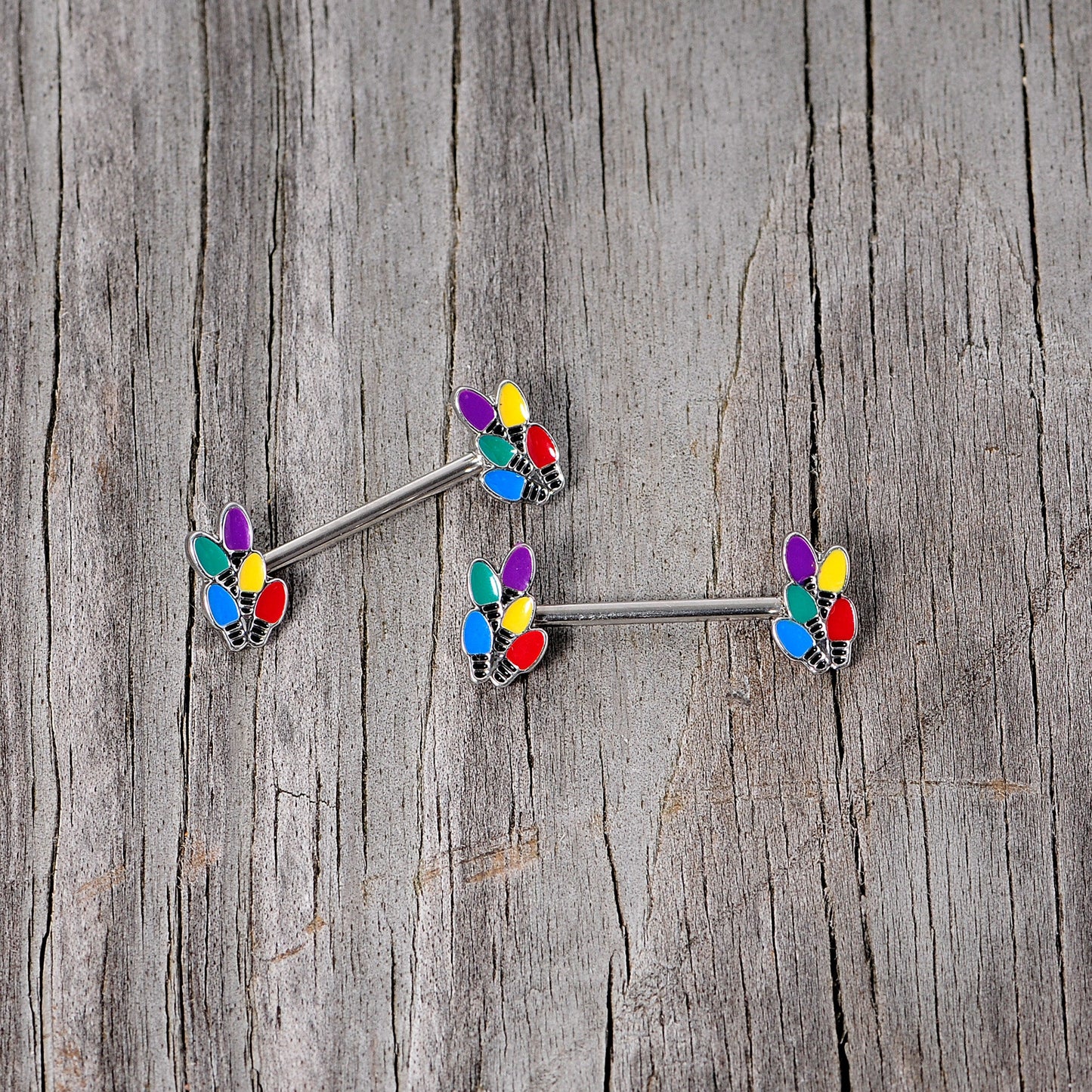 14G 5/8 Christmas Lights Holiday Barbell Nipple Ring Set