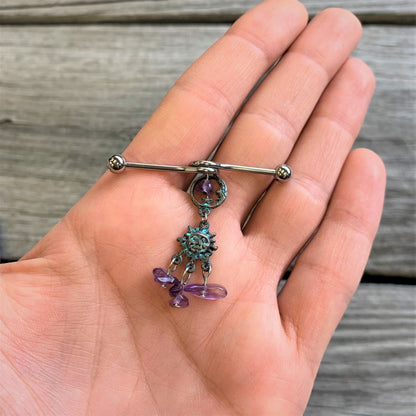 14G Purple Gem Solstice Sun Moon Dangle Halloween Industrial Barbell 38mm