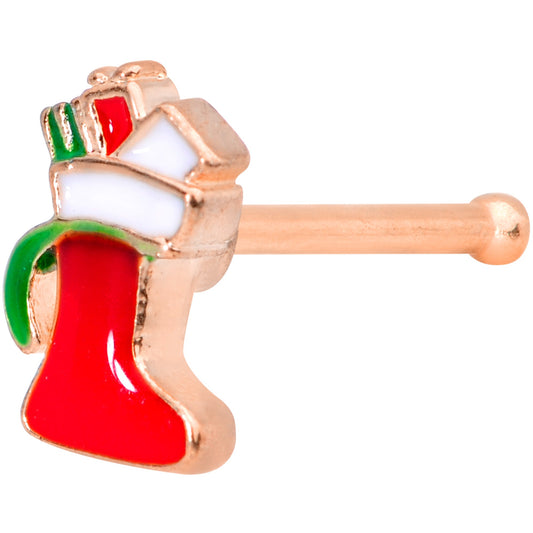 20G 7mm Rose Gold Tone Red White Christmas Stocking Nose Bone
