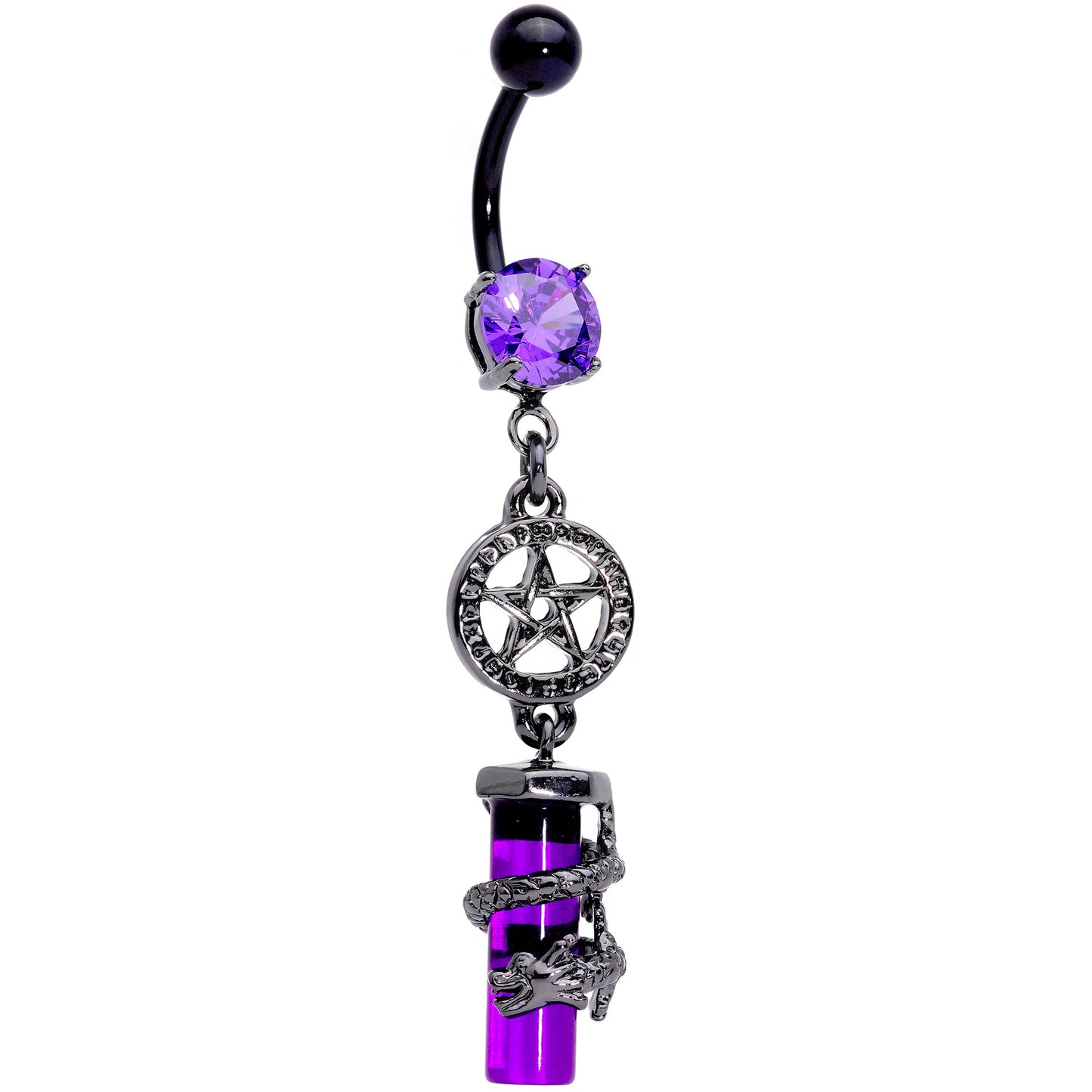Purple CZ Gem Black Witch Way Dragon Pentagram Dangle Belly Ring