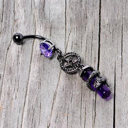 Purple CZ Gem Black Witch Way Dragon Pentagram Dangle Belly Ring