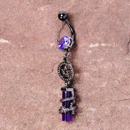 Purple CZ Gem Black Witch Way Dragon Pentagram Dangle Belly Ring