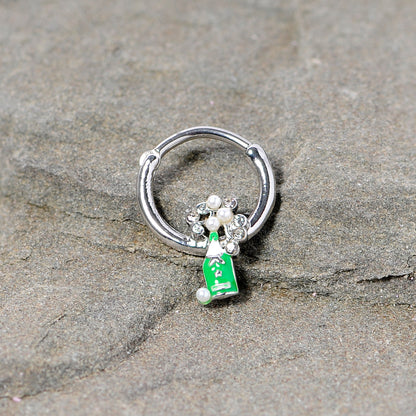 16G 3/8 Clear Gem Green Champagne Bottle Holiday Septum Clicker