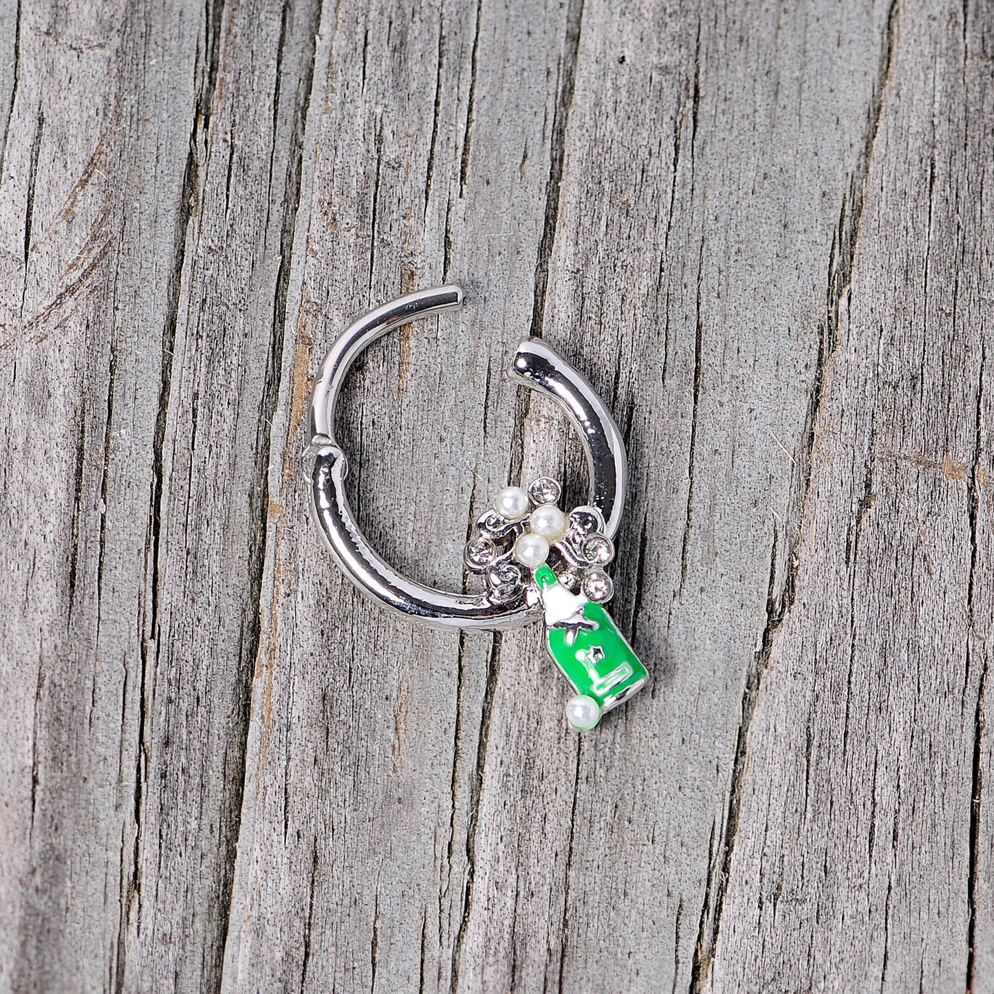 16G 3/8 Clear Gem Green Champagne Bottle Holiday Septum Clicker